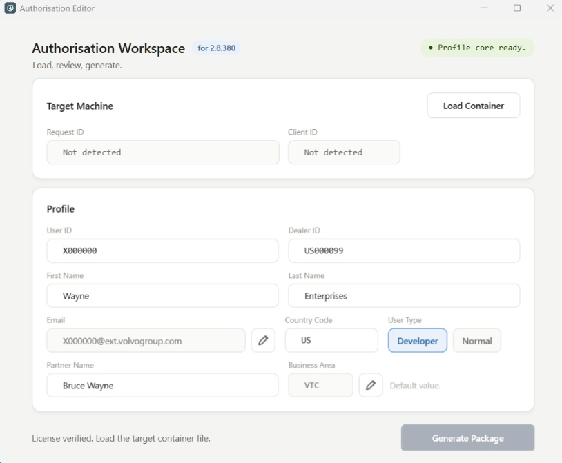 Volvo Authorisation EDITOR
